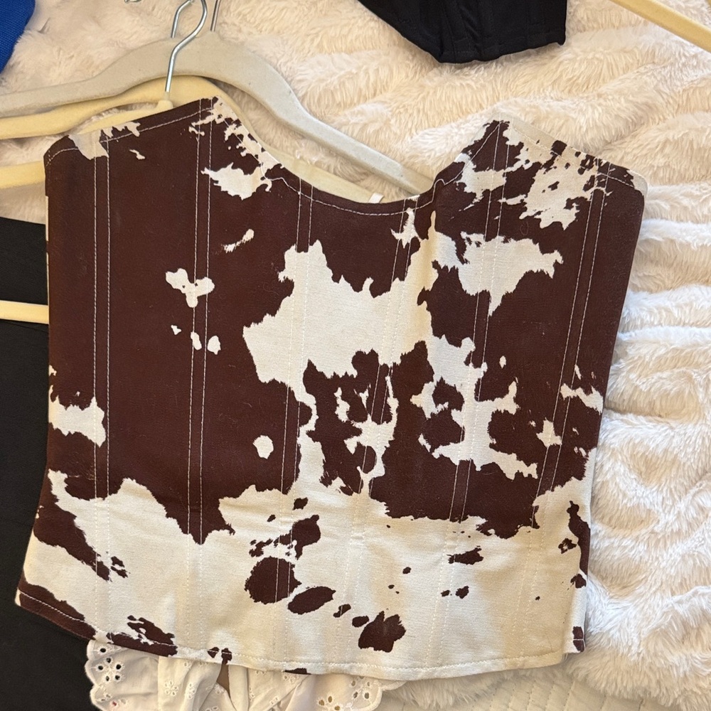 Miaou Brown and White Cow Print Strapless Bustier Top